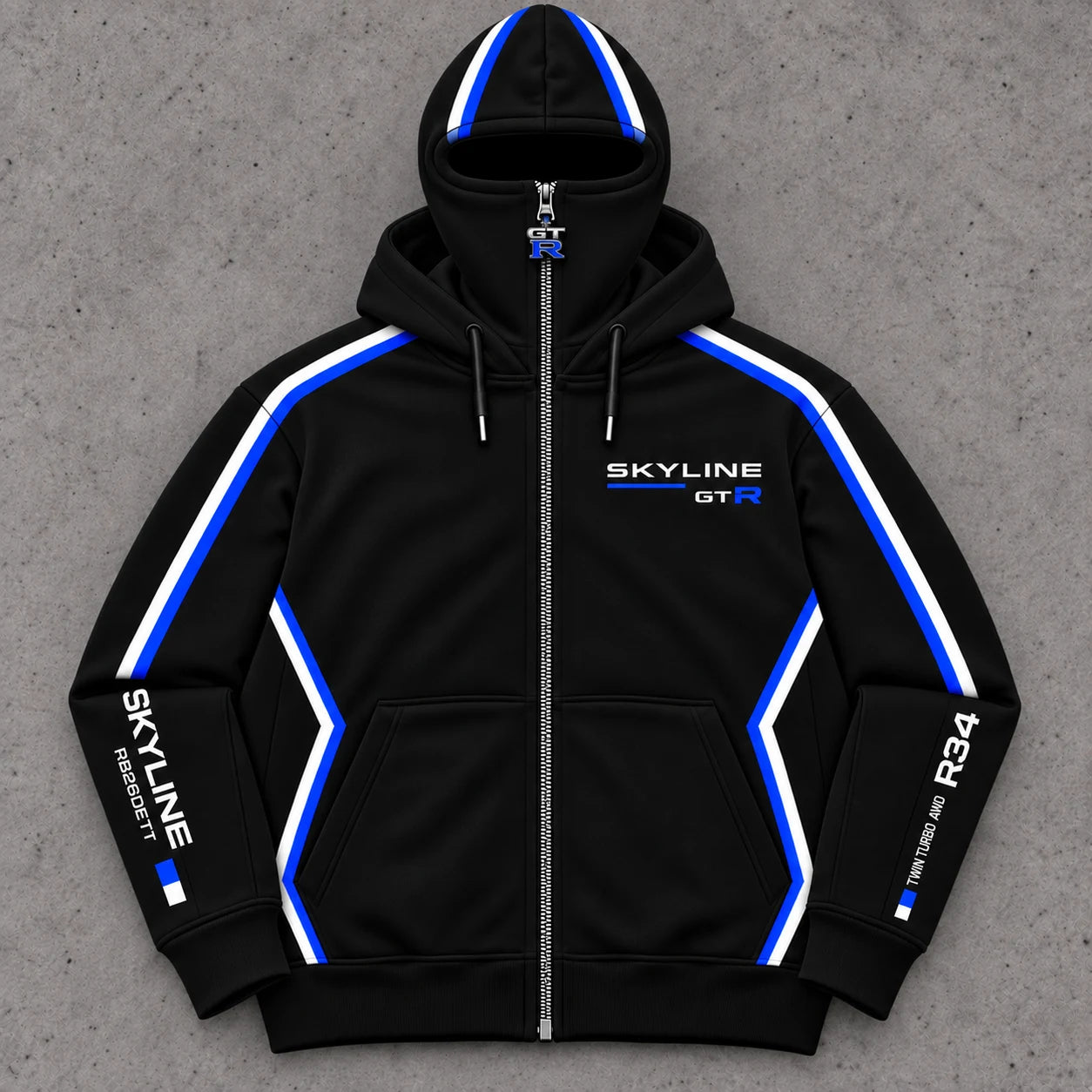 Skyline R34 hoodie with blue racing stripes